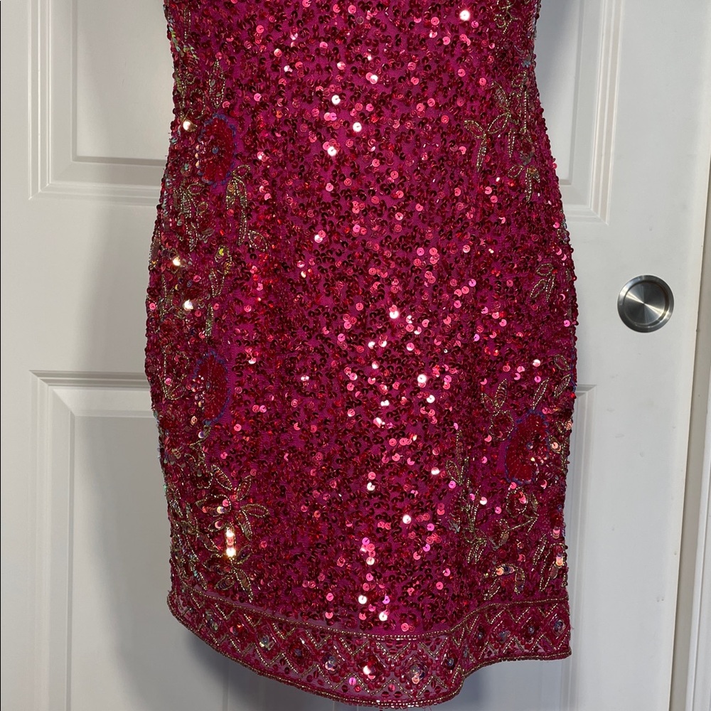 Rachel Allen Mini Sequins Dress Size 14 Magenta Sleeveless Formal Bridal Beaded - Picture 4 of 14